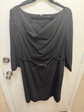 Tahari ASL Black Draped Neck Long Sleeve Dress